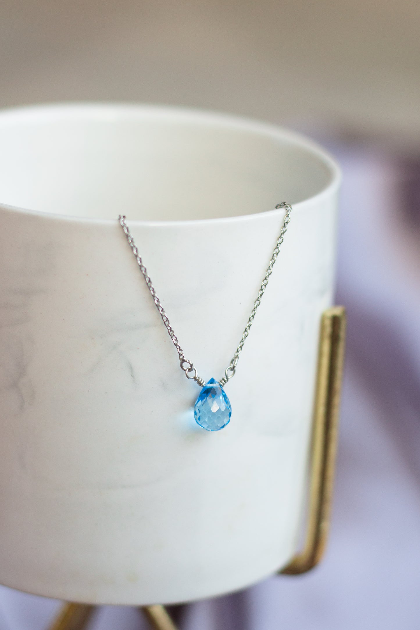 Minimal Blue Topaz Rain Drop Necklace