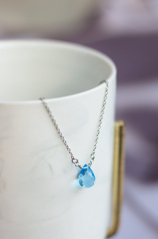 Minimal Blue Topaz Rain Drop Necklace