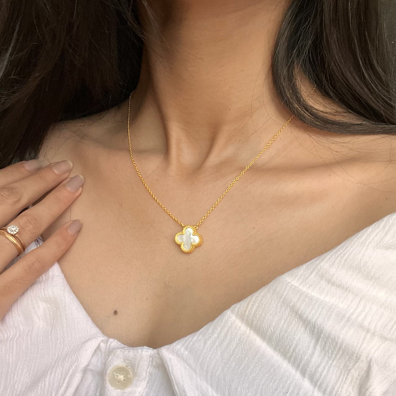 Dainty Mother of Pearl Clover Necklace
